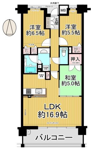 【間取り】 | ディモア城東シティ | 中古マンション　3LDK　専有面積：72.44㎡（壁芯）　バルコニー面積：11.52㎡　南向き