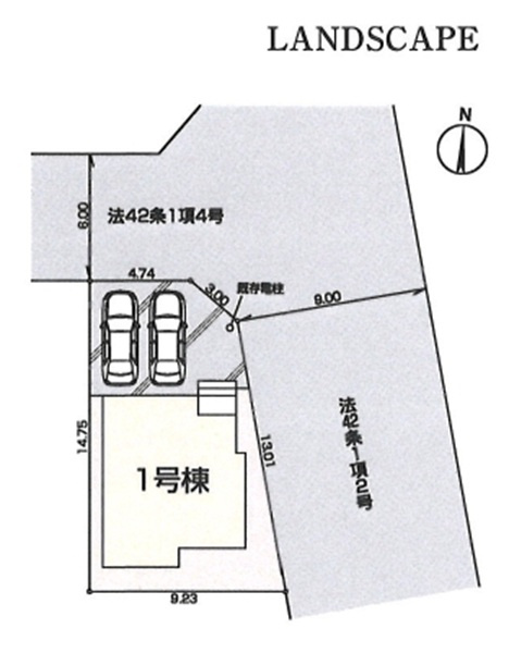 飯能市岩沢・全1棟　新築一戸建　～北東角地～の区画図|並列駐車2台可、日当たり・通風良好な北東角地です。