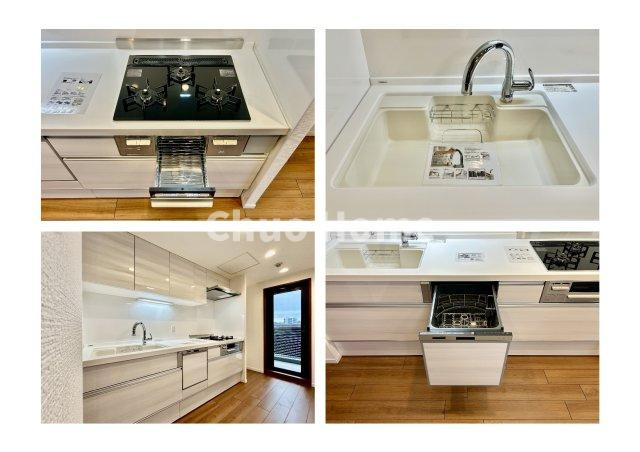 プランヴェールEXサザンウイングのキッチン|【システムキッチン】ワイドで収納豊富な使い勝手の良いシステムキッチンには、食洗器や伸縮タイプのキッチン水栓、三ツ口コンロ・魚焼きグリルなどの便利な設備が標準完備されています。