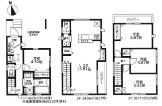 【間取り】 | 緑区東橋本3丁目  1号棟 12期 | 準耐火建築物　3階建　都市ガス　バルコニー2箇所　網戸標準仕様　シャッター3箇所付　玄関ドア（FamiLock 電池式）　食洗器・浄水器　浴室乾燥機+窓・浴室TV　セカンド洗面　LDK15.8帖