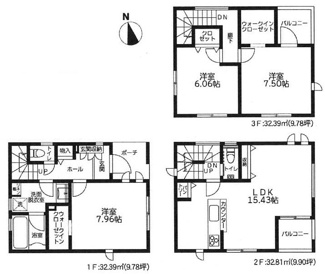 【間取り】 | 緑区東橋本3丁目  2号棟 12期 | 準耐火建築物　3階建　都市ガス　バルコニー2箇所　網戸標準仕様　シャッター2箇所付　玄関ドア（FamiLock 電池式）　食洗器・浄水器　浴室乾燥機+窓・浴室TV　LDK15.4帖　メイン洋室7.9帖
