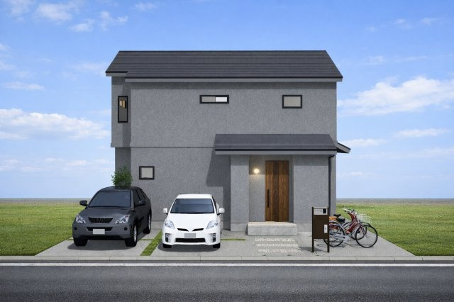 大原野西竹の里町一丁目　新築参考プランの外観パース|【外観イメージパース】
建物の雰囲気をイメージしやすい外観パース図です。自由設計の為、外観デザインなどお客様のお好みに変更が可能です！（新築参考プラン：建物面積106.11㎡、建物価格2018万円）