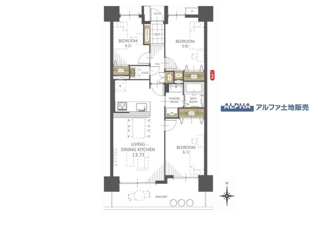 グリーンコーポ豊田の間取り|【Quiet Comfort】
◆静けさとともに◆
外の喧騒を忘れさせる落ち着きが、日々に余白を生む。ここでの時間が、自然と笑顔を増やしていく。