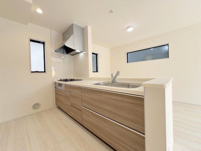 瑞穂町むさし野2丁目　新築戸建全3棟のキッチン|スライド収納付きシステムキッチン。パスタ鍋や圧力鍋の出し入れもスムーズ