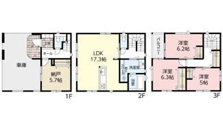 【間取り】 | 佐伯区五日市中央2（五日市駅）限定1棟 | 16帖リビング☆3階３室☆ファミリータイプ3SLDK☆各居室にクローゼット☆ランドリースペース