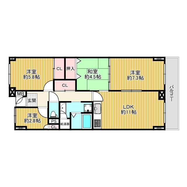 寝屋川サンハイツA棟の間取り|4LDK