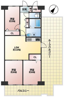 【間取り】 | ドルミハイツ垂水A棟 | 室内リフォーム完成済！各居室洋室♪多目的に使えるルーフバルコニーあり♪
上層階角部屋♪