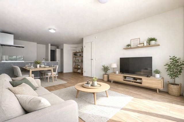 新築戸建　江南市今市場町２期　全４区画分譲の居間・リビング|フローリング材は床材に受ける様々な傷や、温度・湿度変化によるクラックの発生を大幅に抑える特殊加工。
