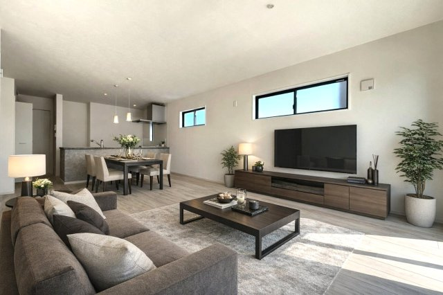 新築戸建　江南市今市場町２期　全４区画分譲の居間・リビング|【家具等配置イメージ画像】
フローリング材は木目調でナチュラルな美しさ。様々な傷やクラックの発生を大幅に抑える特殊加工済みです。
