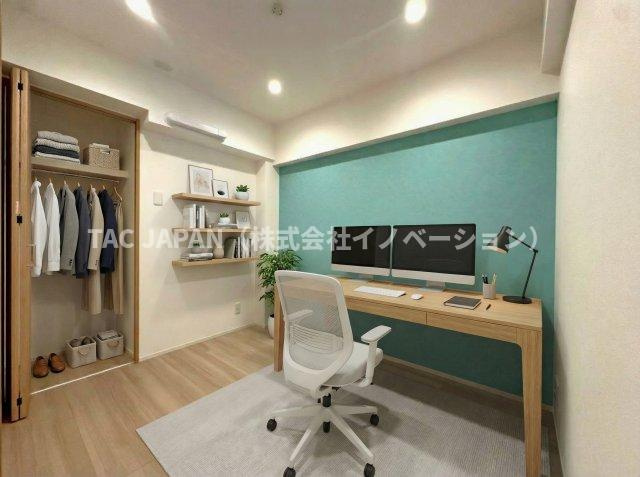 目白ガーデニアの洋室|ティール（青緑）のアクセントウォールが美しい約4.0帖の洋室。お子様のお部屋やワークスペースとしての活躍が期待できます。
※家具はCG加工