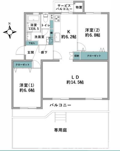 エミネンス茅ヶ崎3号棟の間取り|南向き　２LDK