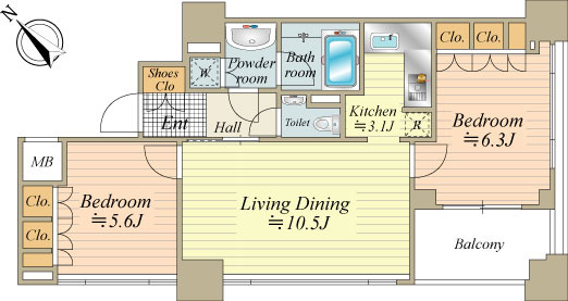 【間取り】専有面積：58.90㎡　10階部分　東南・南西向き角住戸　晴海運河ビュー
温水式床暖房　食洗器　ディスポーザー　1418サイズユニットバス　ペット飼育可
