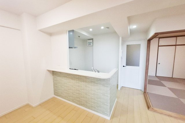 ディオ・フェルティ白鷺のキッチン|カウンター下の淡いグリーンのアクセントクロスは新調済み。タイル調の質感がおしゃれな雰囲気を与えます。