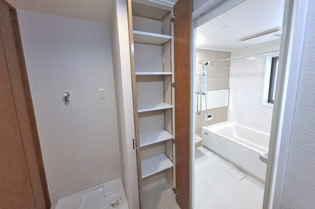 ルネフェリアス堺鳳の収納|タオルや洗剤などの収納に便利な洗面室内の物入。可動棚は新調済みです。