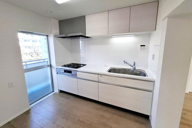 泉北茶山台第一次住宅九号棟のキッチン|タカラスタンダードのシステムキッチンを新調。清潔感のあるホワイトウッドの扉色です。