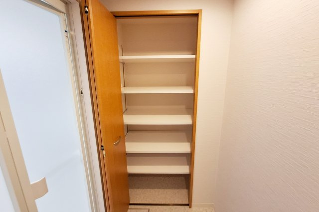 ディーレスティア堺・光明池の収納|洗面室：リネン庫付きで、タオルや洗剤などのストックに便利です。