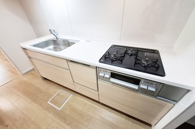 メゾンドール堺のキッチン|キッチン：食洗機・浄水器付きのシステムキッチンを新調済み。