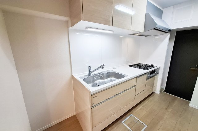 メゾンドール堺のキッチン|キッチン：新調したキッチンは上下に収納が充実。奥の勝手口からはポーチへ出られます。