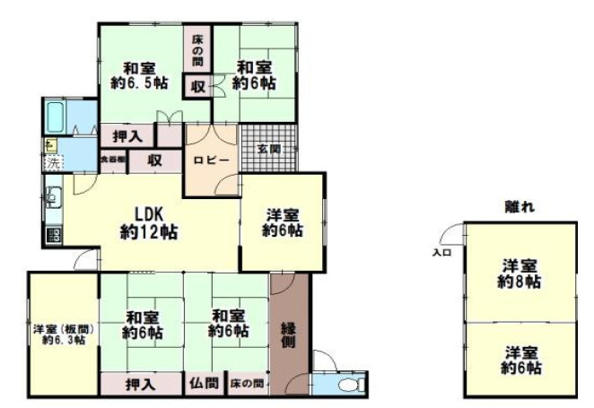 加古川市東神吉町神吉　中古戸建の間取り|6LDK＋離れ（8帖＋６帖）です。