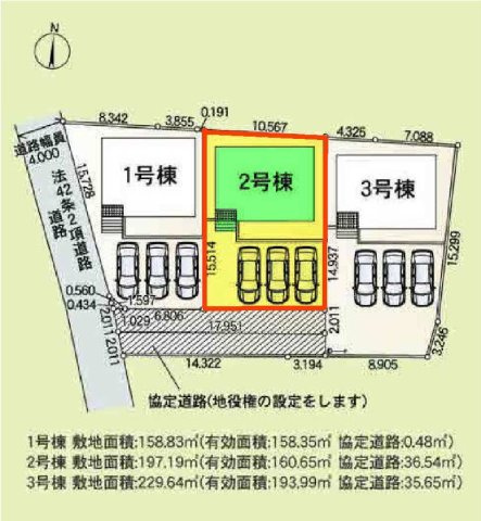 新築　伊勢崎市境米岡第3　クレイドルガーデン　2号棟の区画図|2号棟　区画図　西側接道幅員約4ｍ			
	
