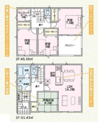 新築　伊勢崎市境米岡第3　クレイドルガーデン　3号棟の間取り|建物面積96.78㎡　全居室南向きで日当たり良好♪2帖のテレワークルーム付きプラン！各部屋収納付きで便利です！インナーバルコニーなので突然の雨でもお洗濯物も安心です♪
