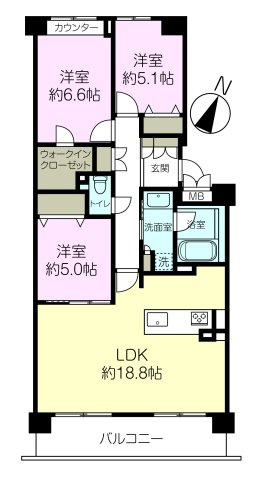 ステイツ岡本・甲南山手の間取り|専有面積約81.13㎡、バルコニー面積約10.05㎡、3LDK