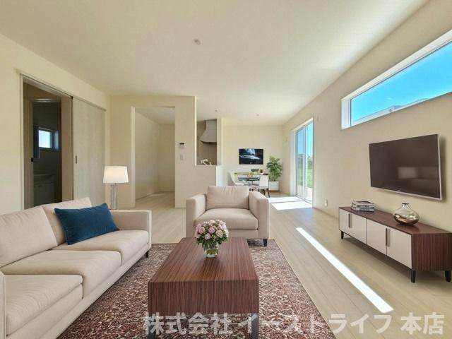 【新築戸建】　いわき市鹿島町久保第2　長期優良住宅の居間・リビング|同社施工写真のリビングダイニングに家具を配置したイメージ画像です
※本画像はCGで作成しており、実際に現地に 家具は置かれておりません。また、価格に 家具は含まれておりません。