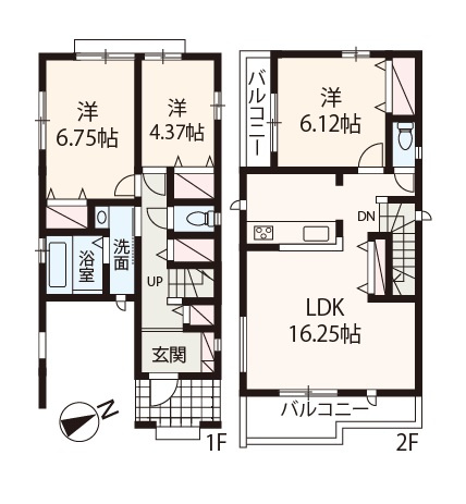 【間取り】 | 堺市堺区永代町2丁　新築戸建 | 収納充実、3LDK新築戸建！東・南の二面バルコニー付き。ビルトイン車庫1台分有り(車種による)。