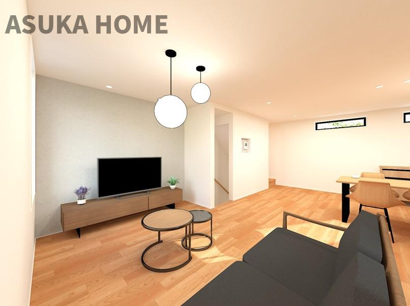 港南区野庭町戸建ての居間・リビング|20帖の広いLDKは家具の配置の悩みもなく開放的な空間になっているので、是非ご見学ください♪