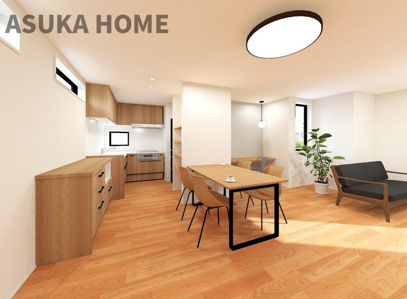 港南区野庭町戸建てのキッチン|作業効率が良いL型キッチンを採用♪キッチンカップボードや吊り戸完備で使いやすそうなキッチンですね。