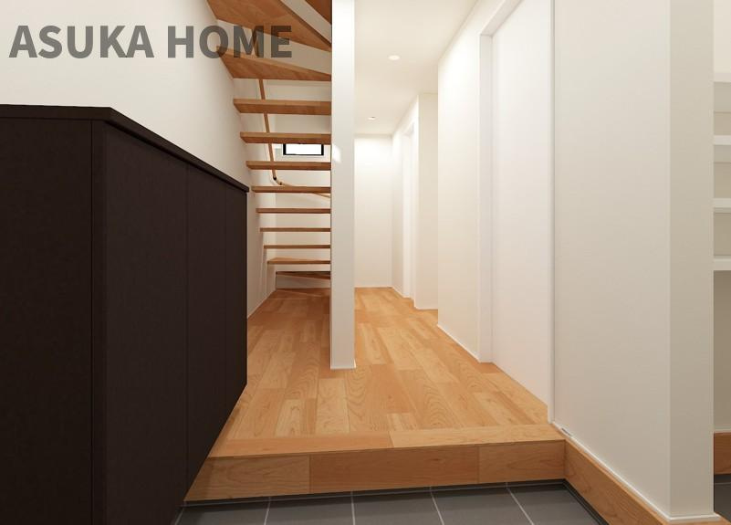 港南区野庭町戸建ての玄関|シューズインクローゼットやシューズボックス等収納が多い玄関です♪スッキリしていて使いやすそうですね♪