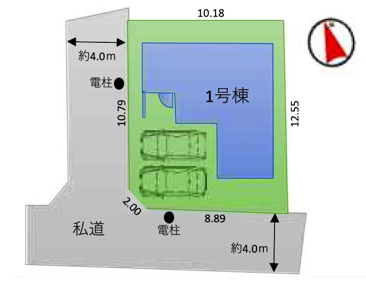 東村山市青葉町3丁目・全1棟　新築一戸建　の区画図|開放感ある南西角地・土地面積125.52平米（約37.96坪）カースペース並列2台