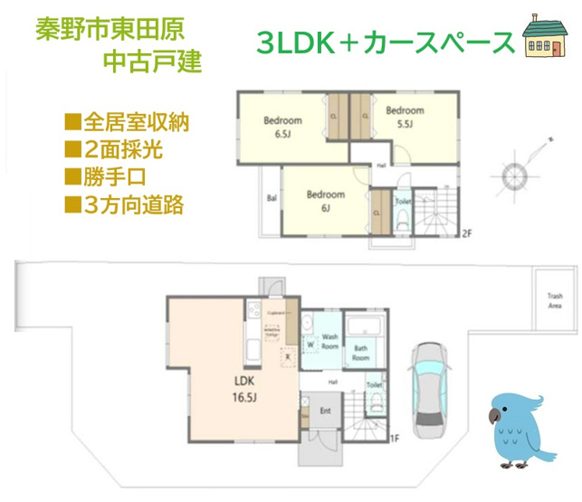 【間取り】 | 全居室収納でお部屋ごと荷物が片付く、３LDKのお住まいです。
玄関近くの洗面・浴室は、帰宅後の手洗いうがい動線が良好♪
