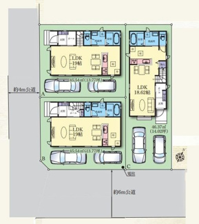 【区画図】 | 南区相模台7丁目 A号棟 | A号棟　南西側4m道路　カースペース２台（車種による）