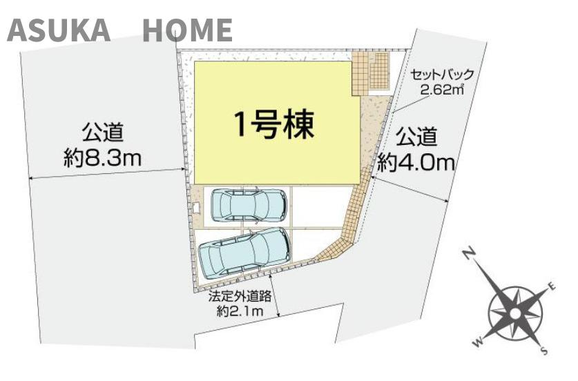 横浜市泉区上飯田町の区画図|三方向を道路に囲まれた立地になりますので、通風、陽当たりが良好です。車が並列で２台駐車できます。