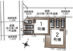 香美市土佐山田町東本町第1　1号棟新築戸建ての区画図|駐車3台可能です。