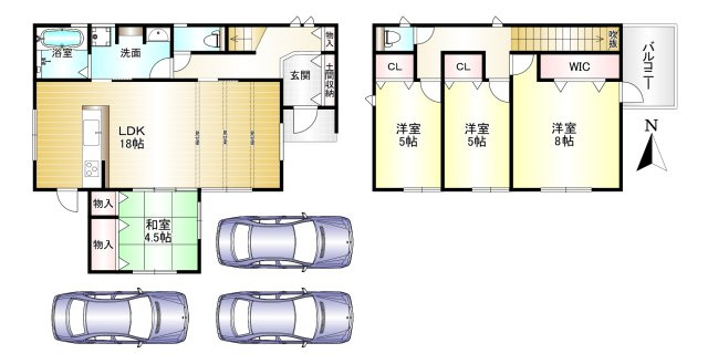 橿原市中曽司町の間取り|4LDK　土地面積：137.78㎡　建物面積：104.2㎡　駐車スペース3台