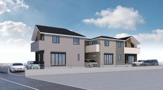 【外観パース】 | 【仲介手数料無料！！】府中市南町2丁目　新築戸建て（全3棟）1号棟　7249万円 | 本パースは、イメージ図につき、風景、建物、植栽などについては施工後の現物との差異が生じます
つきまして本パースによって生じたいかなる損害については一切責任を負いません