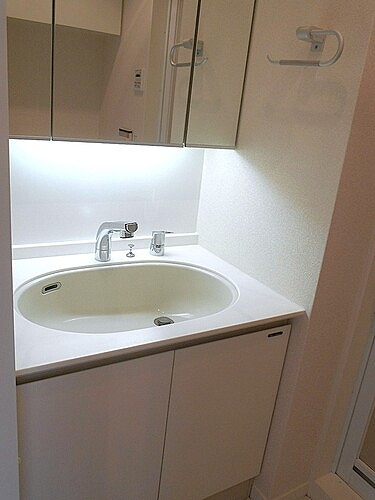 アーバンビューグランドタワーの洗面所|三面鏡付き洗面化粧台　※2020年9月撮影