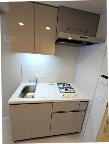 LEFOND PROGRES田原町のキッチン|ガス2口システムキッチン、シンクカバー付きで料理しやすいです