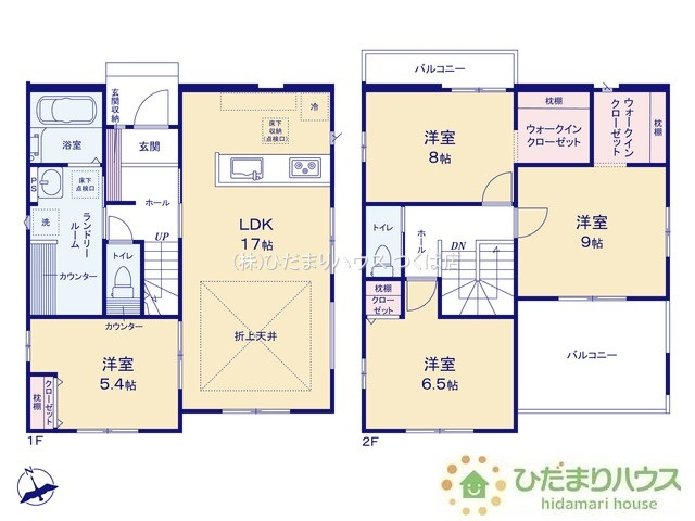 【間取り】 | 土浦市桜町2期　新築戸建　2号棟 | 9帖の広々寝室には大容量Ｗ.Ｉ.Ｃ付き(^^♪
（2号棟）
