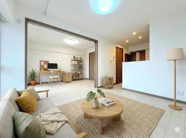 綱島住宅の居間・リビング|◆広々としたリビング・ダイニングは、シックでモダンな内装。落ち着いた雰囲気に包まれて、伸びやかな空間のなかで、ゆったりと家族団らんのひとときを過ごせます。(家具はイメージです)
