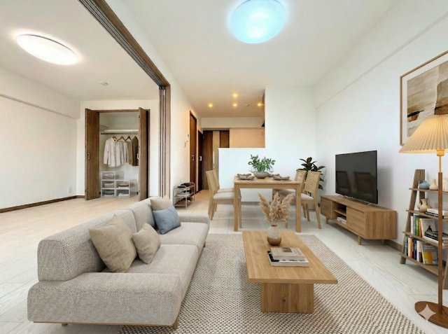 綱島住宅の居間・リビング|◆一家だんらんのスペースとなるＬＤＫ。窓から明るい光が差し込み、思わず家族の会話も弾む快適な空間。(家具はイメージです)
