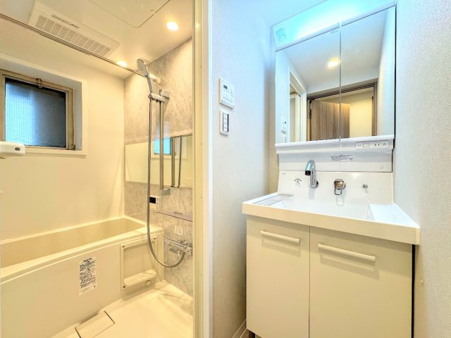 綱島住宅の独立洗面台|◆毎日使う場所だから、機能的で使いやすさに配慮したパウダールーム。すっきりと使えるように収納も豊富にご用意しています。
