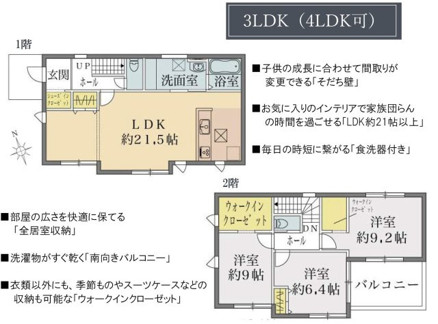 三郷市高州1丁目　新築戸建　全1棟の間取り|LDK広々21.5帖！可変タイプで4LDKへ間取変更可能