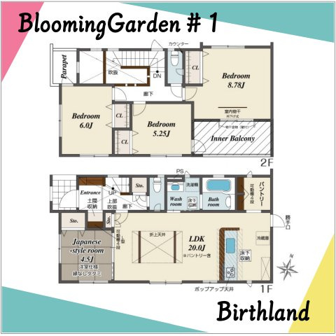 新築戸建・新築建売　福島市南沢又下並松　北沢又小・信陵中の間取り|4LDK+パントリー　玄関上部吹抜けで明るく開放的です！