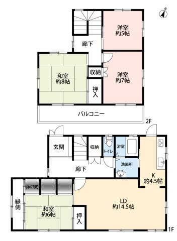 桃山台5丁目中古戸建の間取り|ファミリーに嬉しい４ＬＤＫの間取りです！１階の和室はお子様の遊び場や客間としてマルチに活用可能。２階には洋室と和室があり、家族それぞれのプライベート空間もしっかり確保できます。生活動線も配慮された設計