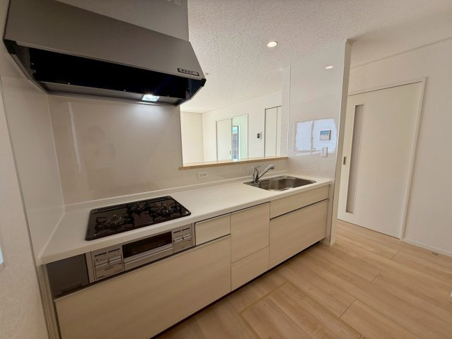 クレイドルガーデン宜野座村漢那 第２・４号棟のキッチン|キッチンの背面に洗面室を設置、家事動線に優れた水回り集中設計◎