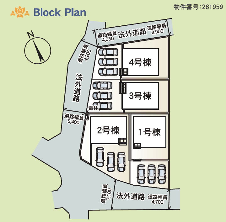 クレイドルガーデン宜野座村漢那 第２・４号棟の区画図|４号棟／区画図／接道状況：北側3.9～4.0ｍ公道、西側4.2～5.85ｍ