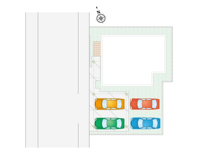 【８号棟　配置図】駐車スペース４台分確保。大きい車をお持ちの方や、１人１台車を持っているご家庭にもオススメの物件です！